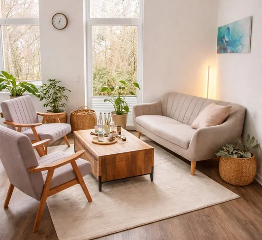 Der echte Beratungsraum in Burgstädt: heller Raum mit Sofa, Sesseln und Pflanzen